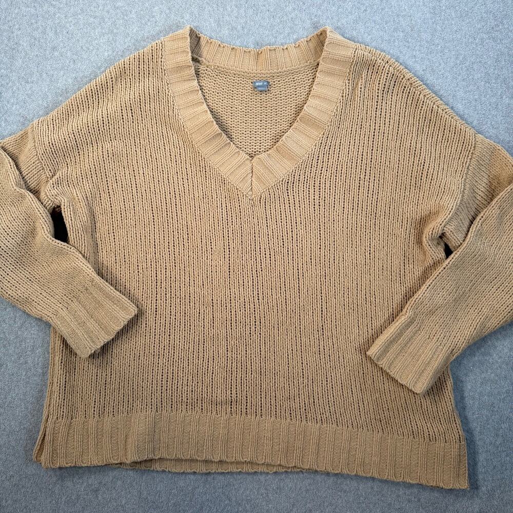 Aerie Women's Small Chunky Knit V-Neck Sweater Tan Chenille Pullover Top